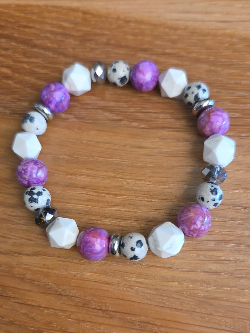 Stretch Bracelet | Pink Crazy Lace Calcite, White Turquoise & Dalmatian Jasper
